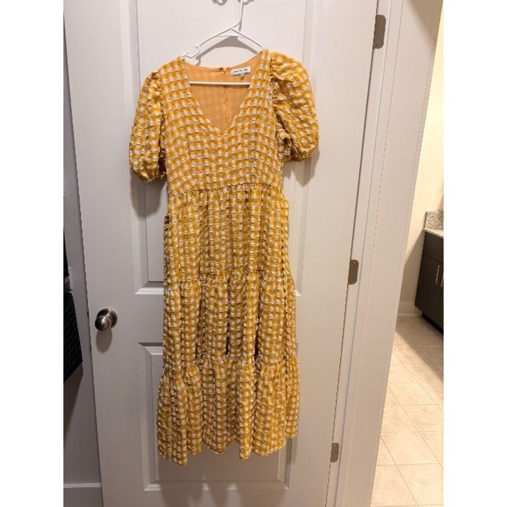 Jacquie the Label Yellow Gingham Tiered Midi Dress Sz S